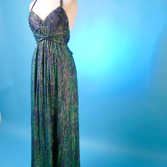 BCBG Max Azria Silk Metallic Snake Print Halter Maxi with Chain Detail - Picture 4 of 7